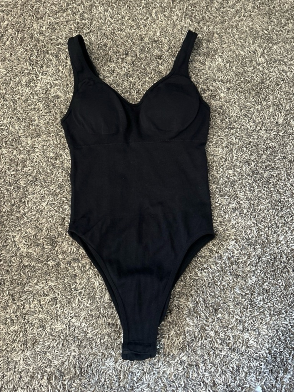 SHEIN Black Ribbed One-Piece Bodysuit with Built-In Cups